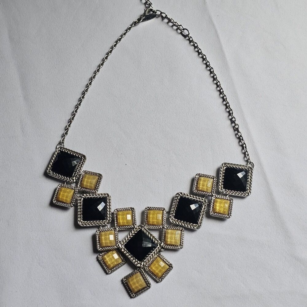 Vintage Geometric Statement Bib Necklace Black Gold Square Stones Retro Estate